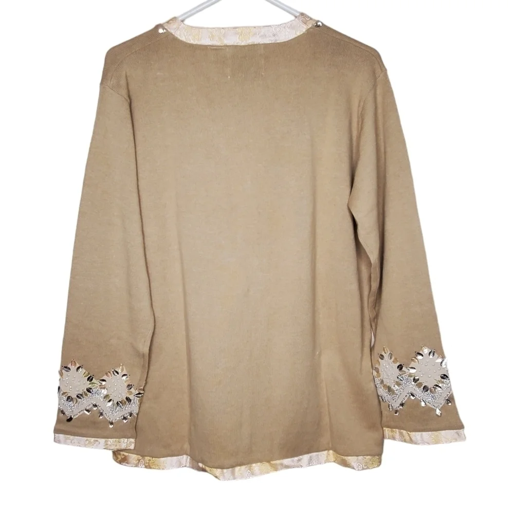 Storybook Knits Stunning Silver Cardigan Sweater, Silver and Gold Leaves Sz LG - Picture 2 of 13